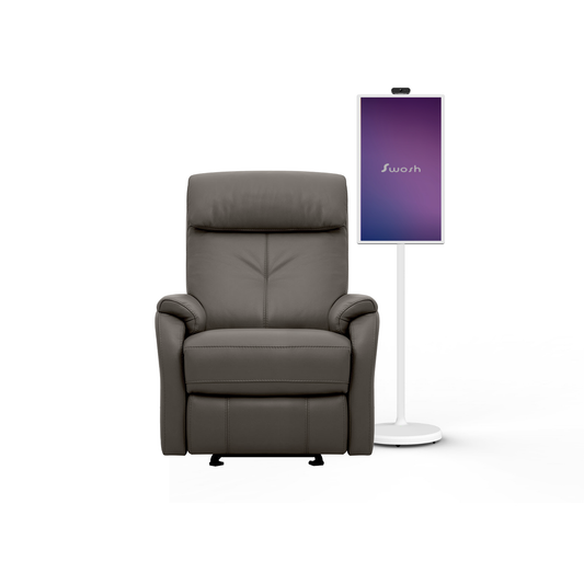 SwoshBuD Special: Charleston Recliner Armchair in Dark Grey Leather + SwoshBuD – 32” Interactive TouchScreen Display