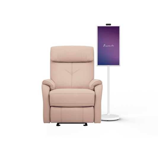 SwoshBuD Special: Charleston Recliner Armchair in Light Pink Leather + SwoshBuD – 32” Interactive TouchScreen Display
