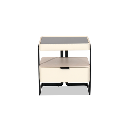 Saddle Side Table in Cream Leather and Grey Ceramic Top