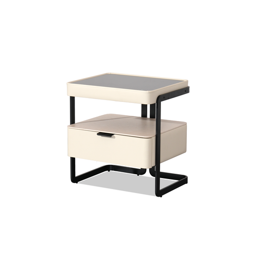 Saddle Side Table in Cream Leather and Grey Ceramic Top