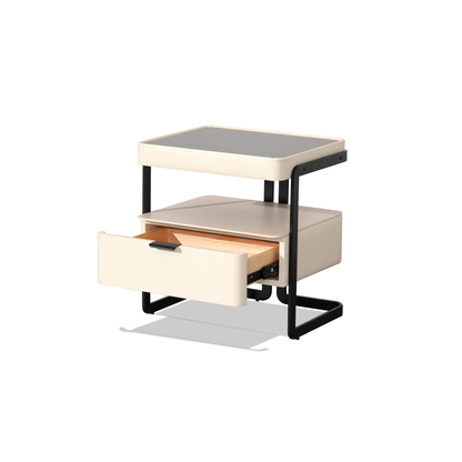 Saddle Side Table in Cream Leather and Grey Ceramic Top