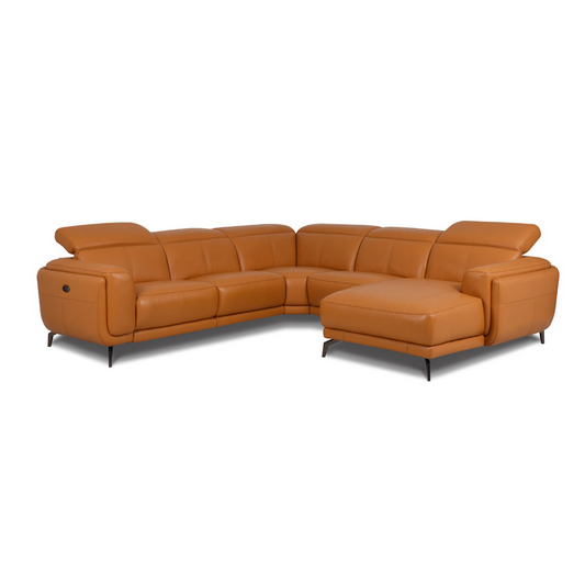NDP24: Light Brown Corner Set Recliner Leather Sofa, W296cm x L294cm