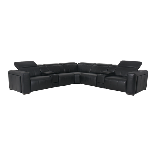 NDP24: Black L-shape 4-way Powered Recliner Leather Sofa, W327cm x L327cm