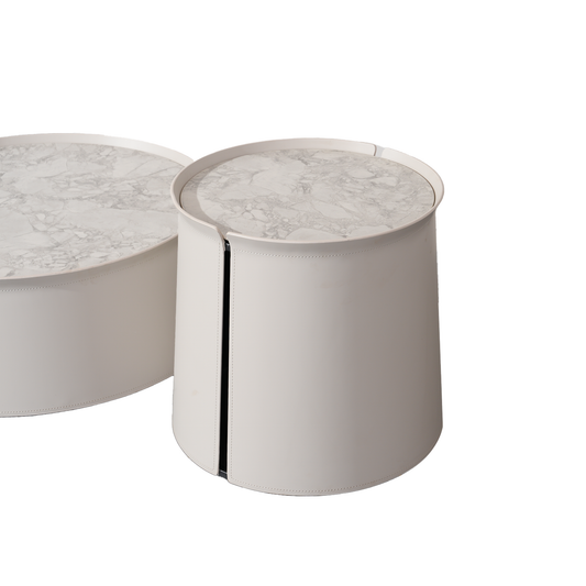 Saddle Side Table in Light Grey Saddle Leather and Grey Ceramic